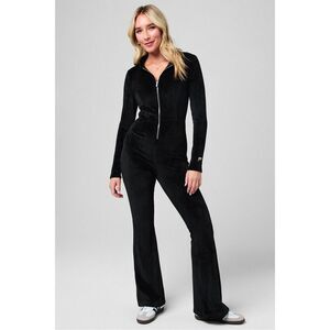 Fabletics Black Ribbed Zip Front Hooded Jumpsuit Flare Leg Size M